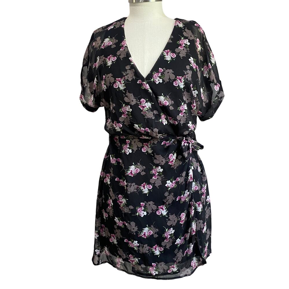 All In Favor Black Floral Wrap Mini Dress Boho Date Night Size S